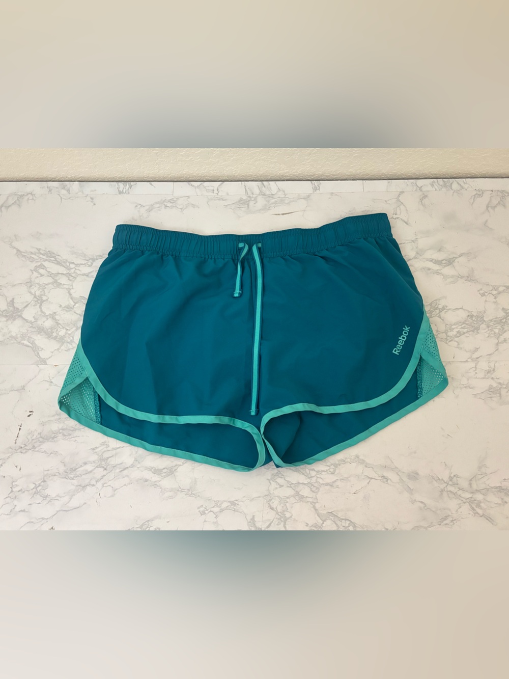 Reebok PlayDry Womens M Running Shorts Black Blue Teal Side Mesh Athletic